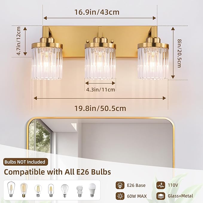 Modern Crystal Bathroom Light Fixtures, 3 Light Gold Vanity Lights, with Crystal Glass Shade, Industrial Bathroom Lighting Fixtures Over Mirror Wall Light for Bedroom Living Room