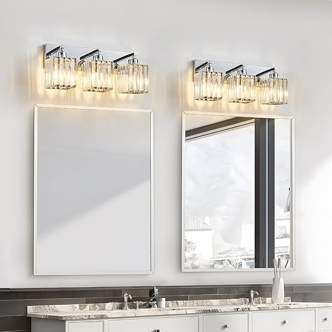 Modern Bathroom Vanity Light 3-Lights Modern Chrome Crystal Bathroom Light Fixtures Over Mirror Chrome Vanity Lighting Crystal Wall Sconce