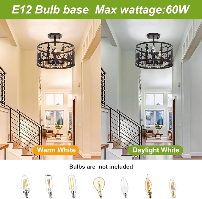 Rustic Semi-Flush Mount Ceiling Light Fixture,3-Light E12 Base Black Round Farmhouse Metal Light Fixtures for Kitchen, Hallway, Living Room, Industrial Style with Deer, Bear, Tree Design -Frame