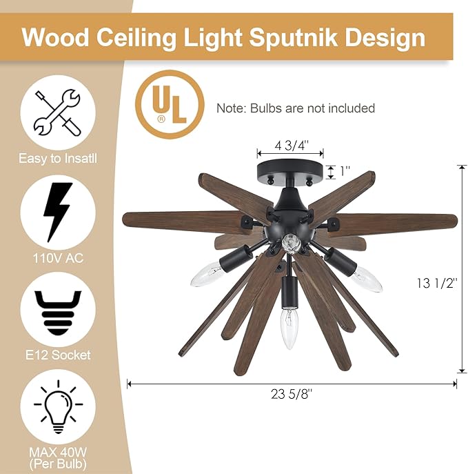 4-Light Sputnik Semi Flush Mount Light Black, Wood Hallway Lights, Farmhouse Light Fixture for Kitchen, Rustic Close to Ceiling Light Fixture for Entryway Laundry Nursery Bedroom