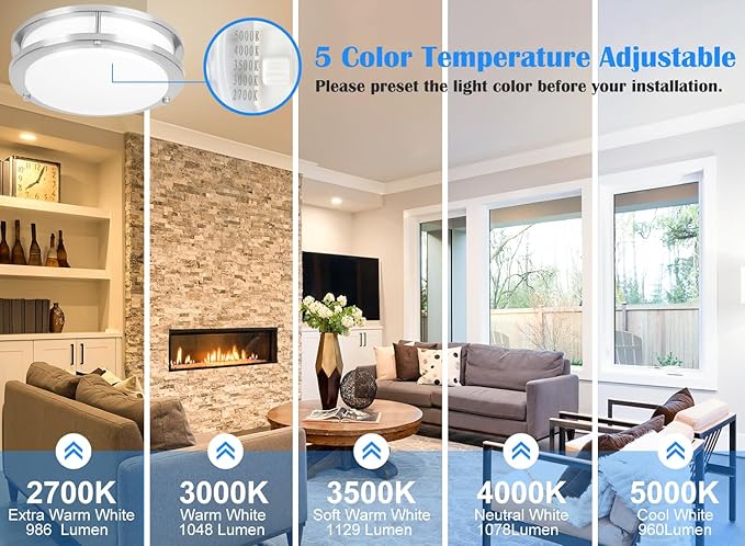 Brushed Nickel Ceiling Light, 10 Inch LED Ceiling Light Fixture for Bathroom,17W, 2700K/3000K/3500K/4000K/5000K Adjustable Ceiling Lighting for Bedroom Kitchen Hallway Living Room