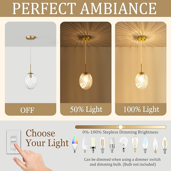 Glass Pendant Lights Kitchen Island Gold Pendant Light Fixtures with Hand-Blown Clear Glass Hanging Light Brass Gold Pendant Lighting for Kitchen Sink Bedroom Dining Room, E12
