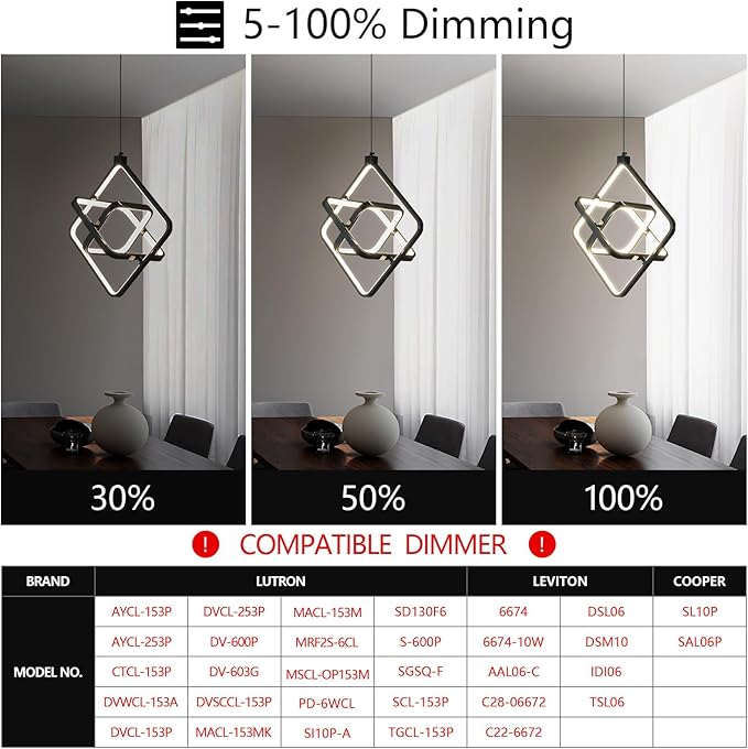 Modern LED Pendant Lights Plated Black Rectangular Pendant Light Fixtures 4000K 35W Dimmable Pendant Lighting for Dining Room Kitchen Island Bedroom Living Room Foyer（3-Ring）