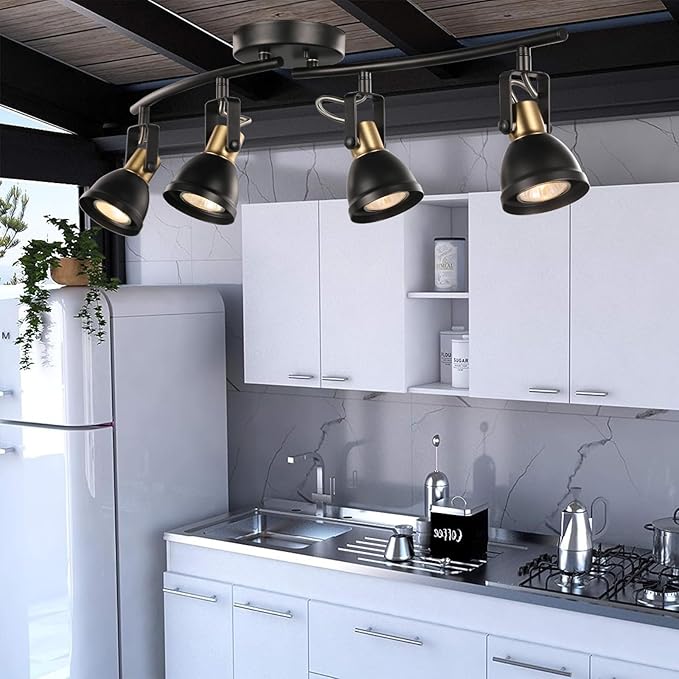 4 Light Track Lighting Kit, Matt Black Brass Finish 4 Way Adjustable with Moden Flush Mount Ceiling Spotlight for Kitchen,Dining,Living Room,Home Improvement