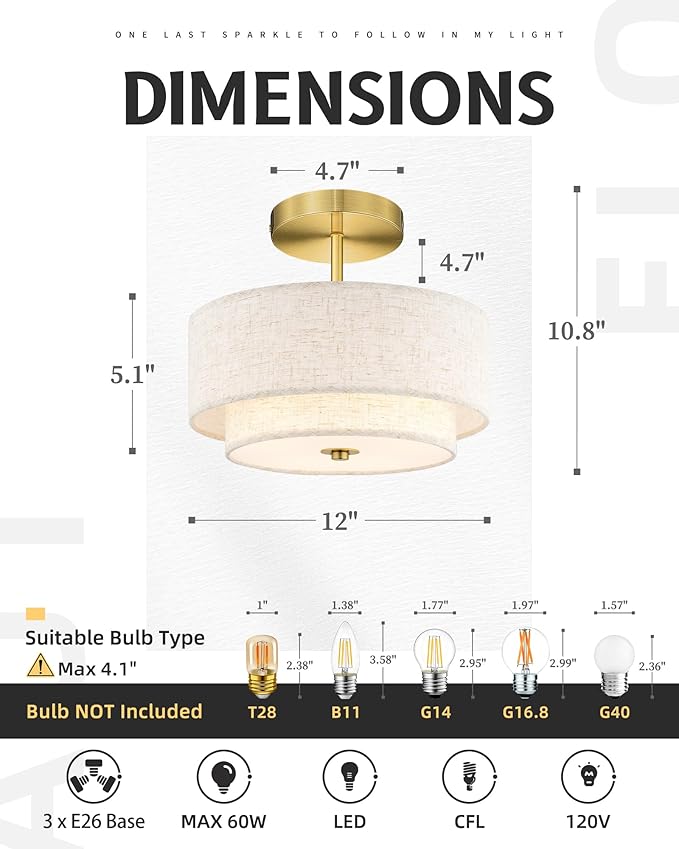 AUTELO Semi Flush Mount Ceiling Light, 12" Gold Light Fixtures Ceiling Mount in Brushed Gold Finish with Drum Fabric Shade for Hallway Bedroom Kitchen, C2506 BG-12