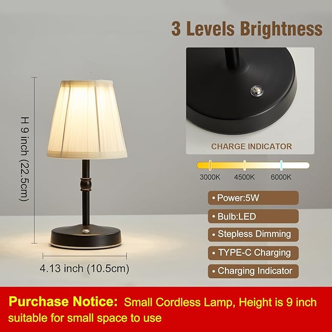 5W LED Cordless Mini Lamp,3000 mah Battery Operated Lamps,3 Color Temperature Dimmable Table Light,Small Rechargeable Lamp,Kitchen Lamps countertop,Restaurant (Black)