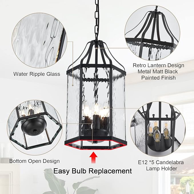 10" Modern 5-Light Exterior Black Lantern Pendant Light Fixture with Clear Rippled Glass Mini Industrial Hanging Cage Chandelier for Outdoor Kitchen Dining Room Hallway Entryway Foyer Porch