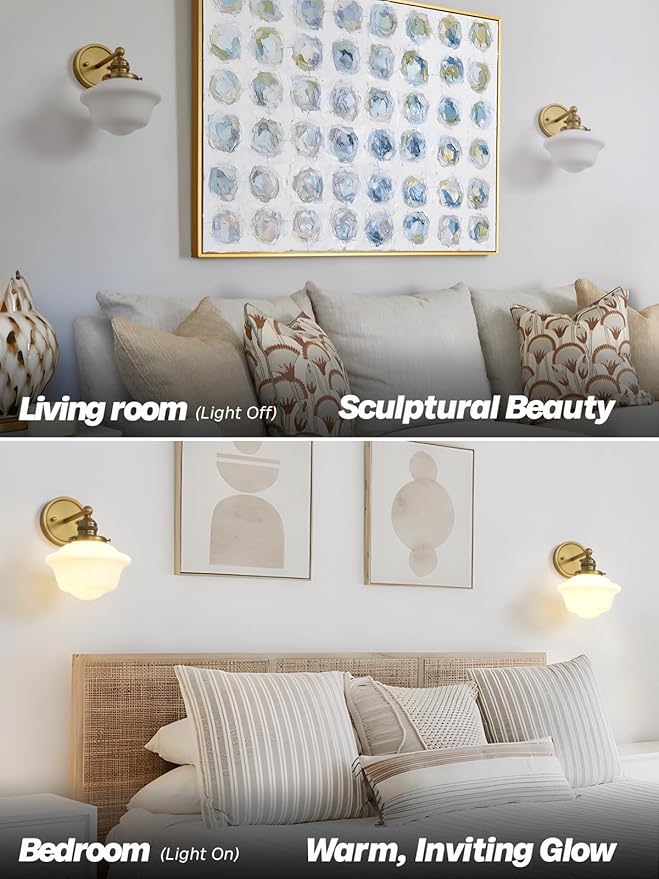 Gold Wall Sconce, Vintage Bathroom Vanity Light, Modern Frosted Milk Glass Sconces Brass Wall Lights for Living Room Bedroom Kitchen Hallway Stairway E26 Hardwire Indoor