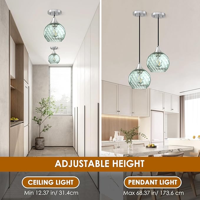 Pendant Lights Kitchen Island,2 Pack Farmhouse Pendant Lights,Green Striped Swirl Globe Glass Pendant Light Fixtures,Mini Island Lights For Kitchen,Modern Hanging Light Fixture With Adjustable Height