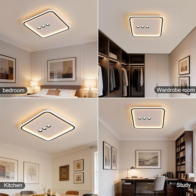 Square Diamond LED Ceiling Light with 3 Adjustable Spotlights, Dimmable Flush Mount Lighting Fixture, Black & White for Bedroom Living Room Kitchen Hallway