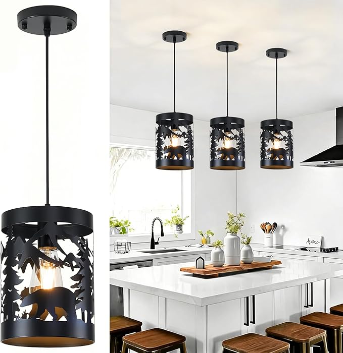 Rustic Bear Pendant Light Fixtures, 1-Light Round E26 Base Cage Metal Fixture Adjustable Hanging Height for Kitchen Island, Hallway, Bar, Dining Room, Foyer, Bedroom(No Bulb Included)