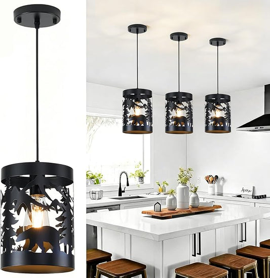 Rustic Bear Pendant Light Fixtures, 1-Light Round E26 Base Cage Metal Fixture Adjustable Hanging Height for Kitchen Island, Hallway, Bar, Dining Room, Foyer, Bedroom(No Bulb Included)