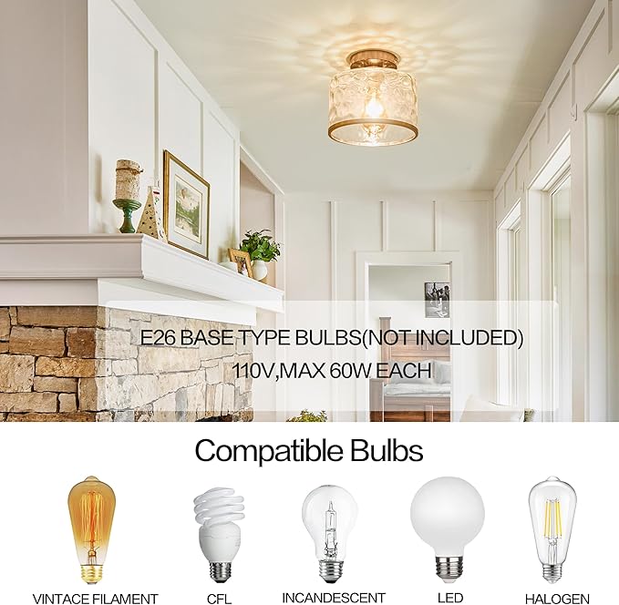 Zlepmlla Modern Semi Flush Mount Ceiling Light with Industrial Clear Hammered Glass Lampshade, Farmhouse Ceiling Lights fixtures in Satin Nickel for Hallway Kitchen Bathroom Bedroom