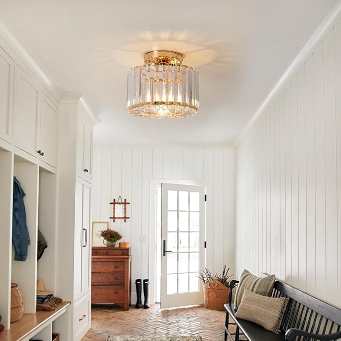 Crystal Ceiling Light, Semi Flush Mount Ceiling Light Gold Crystal Chandelier for Bedroom Kitchen Hallway Entrance Balcony Dining Rooms Living Rooms Bar