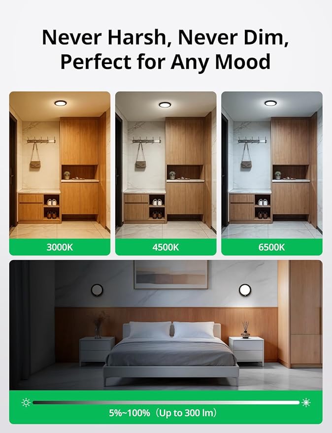 Bojim Rechargeable Motion Sensor Wireless Closet Ceiling Light 6000mAh Battery Powered, Magnetic Fixture Shower Lights with Remote Dimmable Timing for Laundry Bathroom Black