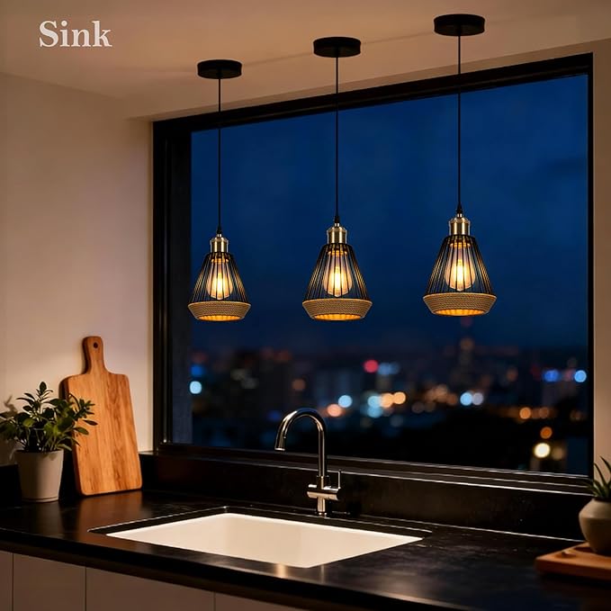 ropelux Pendant Lights Kitchen Island, Modern Kitchen Island Lighting, Adjustable Height Farmhouse Black Gold Brass Hanging Light Fixture for Living Room Sink Dinning Room Bedroom- 1PC
