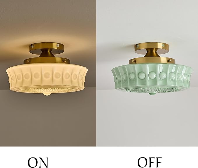 FCTWAKS Schoolhouse Ceiling Light Fixture, 13.8" Green Milk Glass Semi Flush Mount Mid Century Vintage Ceiling Light for Bedroom Hallway Kitchen, E26 Base Bulb Included