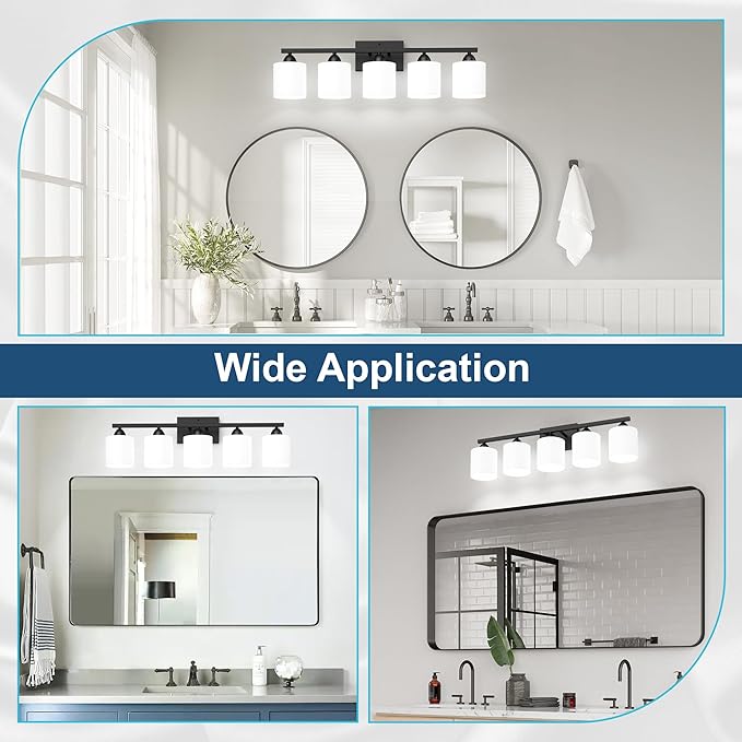 Black Bathroom Lighting Fixtures Over Mirror, 5-Light Anti-Rust Vanity Light for Bathroom, 28.34Inches Modern Wall Sconce, Standard E26 Base, Milky White Glass Shades, Bulbs Not Included