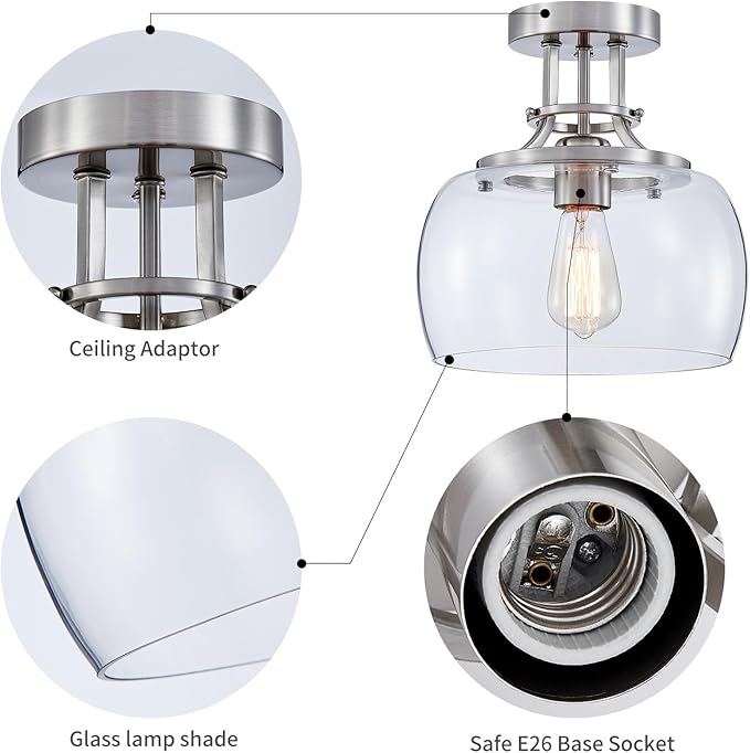 WUZUPS Chandelier Rustic Farmhouse Industrial Round Semi-flushmount Ceiling LED Light Fixture with Clear Glass Shades for Bathroom Kitchen Foyer Entryway, H 10" x W 10", E26 Base, Brushed Nickel
