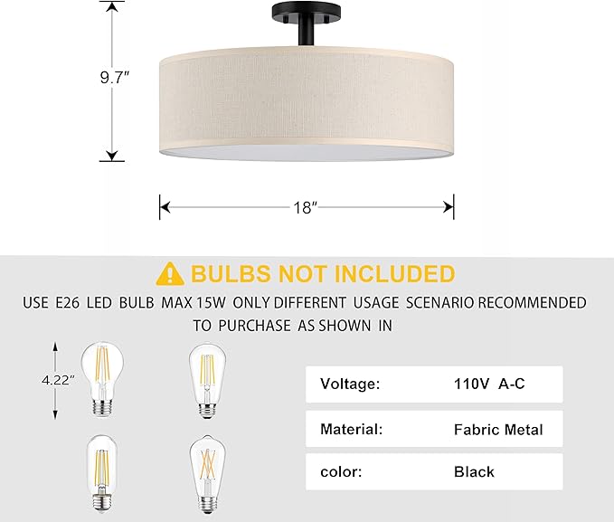 4 Light 18 Inch Semi Flush Mount Close to Ceiling Light Fixture,Off White Fabric Shade Black Finish for Bedroom,Living Room,Dining Room Hallway