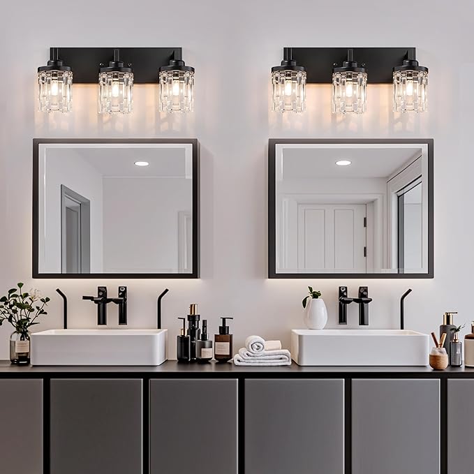 maesta Black Vanity Light, 3 Light Crystal Modern Farmhouse Bathroom Light Fixtures, with Crystal Glass Shade, Rustic Black Bathroom Wall Light Over Mirror for Living Room, Bedroom, Hallway
