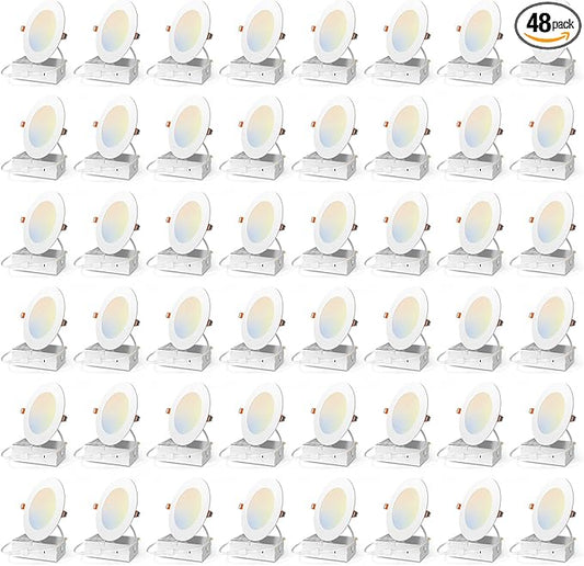 Amico 48 Pack 4 Inch 5CCT Ultra-Thin LED Recessed Dimmable Ceiling Light with Junction Box, 2700K/3000K/3500K/4000K/5000K Selectable, 10W Eqv 60W, 800 Lumens, High Brightness Downlight - ETL&FCC