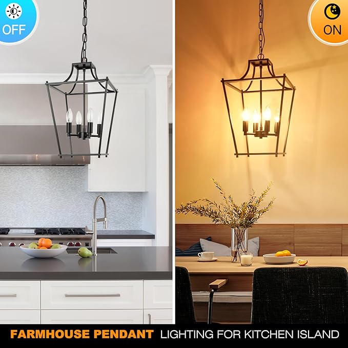 Black Lantern Pendant Light 4-Light Pendant Light Fixtures Hanging Farmhouse Chandelier with E12 Bulb Base, 12" Adjustable Lantern Light Fixture for Dining Room Kitchen Foyer
