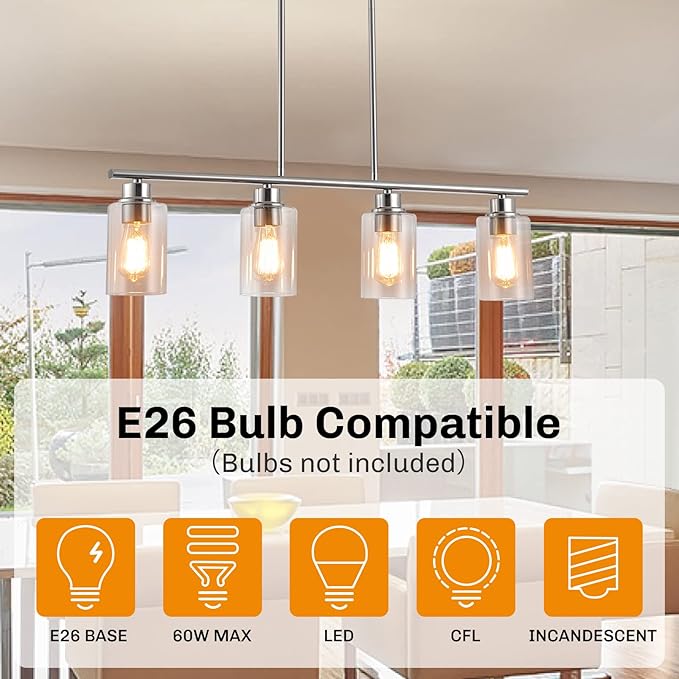 mavcadonf Kitchen Island Light, 4-Light Pendant Lighting, Farmhouse Dining Room Light Fixtures for Kitchen Island Dining Living Room, Brushed Nickel with Clear Glass Shade