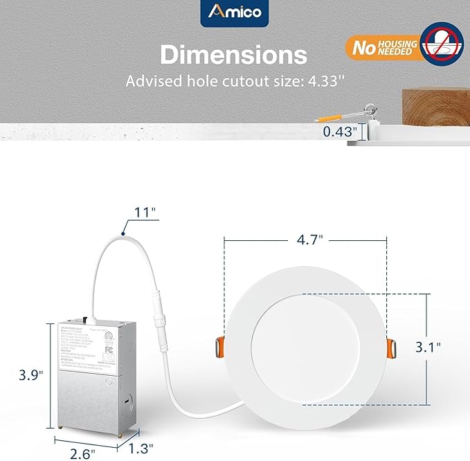 Amico 4 Pack 4 Inch 5CCT Ultra-Thin LED Recessed Dimmable Ceiling Light with Junction Box, 2700K/3000K/3500K/4000K/5000K Selectable, 10W Eqv 60W, 800Lumens, High Brightness Downlight - ETL&FCC