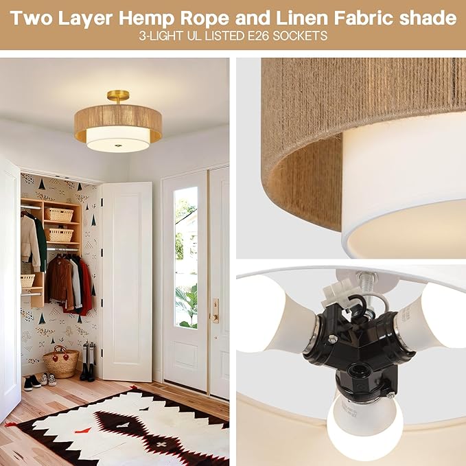 18 Inch Rattan Semi Flush Mount Ceiling Light Fixture,3-Light Boho Light Fixtures Ceiling Mount with Woven Hemp Rope & White Fabric Shade,Farmhouse Drum Light for Living Room,Bedroom,Kitchen