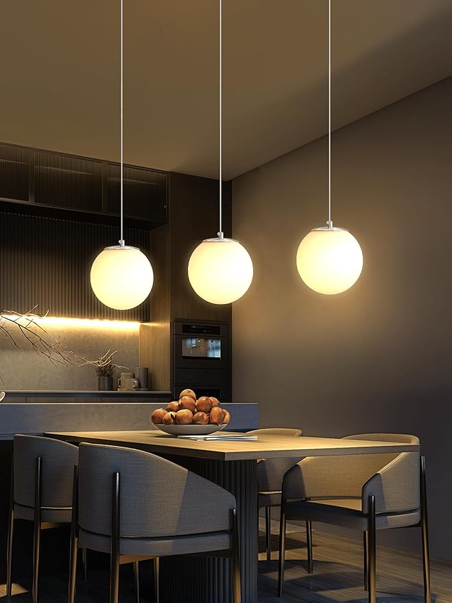 ykolupty 1-Light Modern Globe Pendant Light Fixtures Silver Chandelier with White Globe Glass Dimmable Ceiling Light Glass Pendant Light for Kitchen Island, Dining Room, Living Room, Entry Hallway