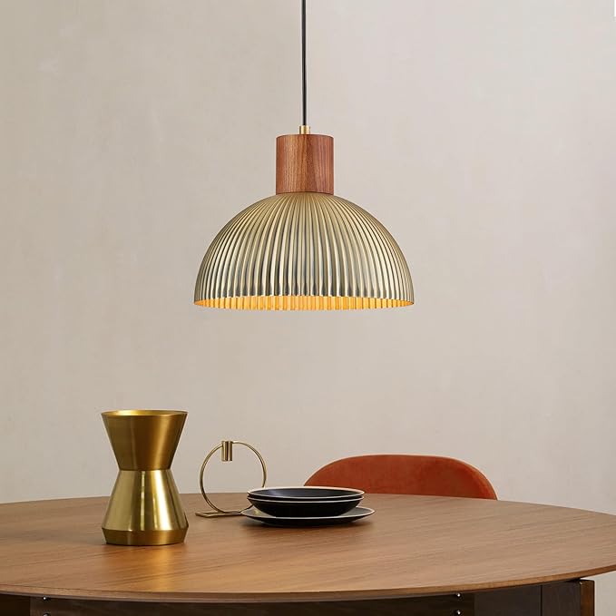 ELYONA Vintage Ash Wood Dome Pendant Light 12" Hanging Lamp with Brushed Brass Metal Shade & Gold Inner Finish, Modern Pendant Light Fixtures for Kitchen Island Dining Room Bedroom Living Room Hallway