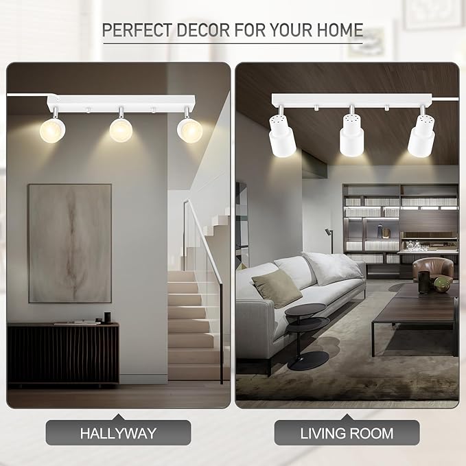 Plug-in Track Lighting LED, Track Light Fixtures Ceiling, White 3-Light Ceiling Lights for Kitchen, 3 Way Spotlight with Cord, Rotatable Wall Mount Light Head for Bedroom Hallway, Bulb Not Included