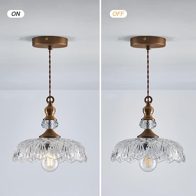 CVKASH Vintage Glass Pendant Light Fixture 2-Pack Brass Modern Adjustable Chandelier Farmhouse Hanging Ceiling Light for Hallway Porch Kitchen Bedroom Coffee Shop Dining Room