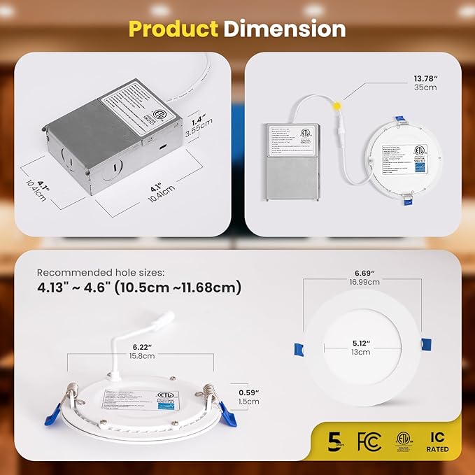 Recessed Lighting 4 Inch 4Packs, 3CCT 3000/4000/5000K Anti-Glare LED Can Lights, 9W 750LM High Brightness Dimmable Recessed Lights, Easy-to-Install Wafer Light with Junction Box, ETL & FCC & IC