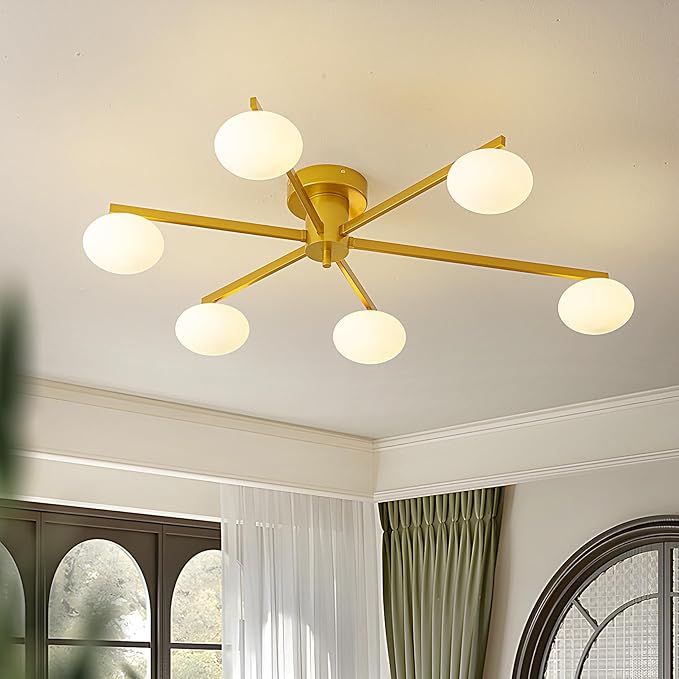 Modern Semi-Flush Mount Ceiling Light with 6 Opal Glass Shades, 39" Gold Sputnik Chandelier,Mid-Century Vintage Style, Ideal for Living Room, Dining Room, Bedroom, Cafe & Hotel