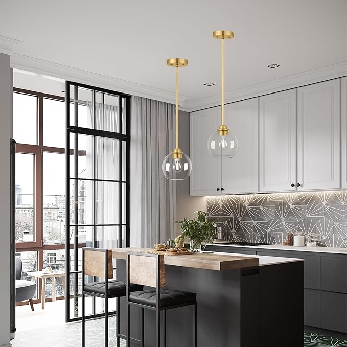 Gold Pendant Light Fixtures 2 Pack, Globe Pendant Lights with Clear Glass Shade,Pendant Lights Kitchen Island, Kitchen Pendant Lighting Over Island, Hanging Lights for Kitchen Island