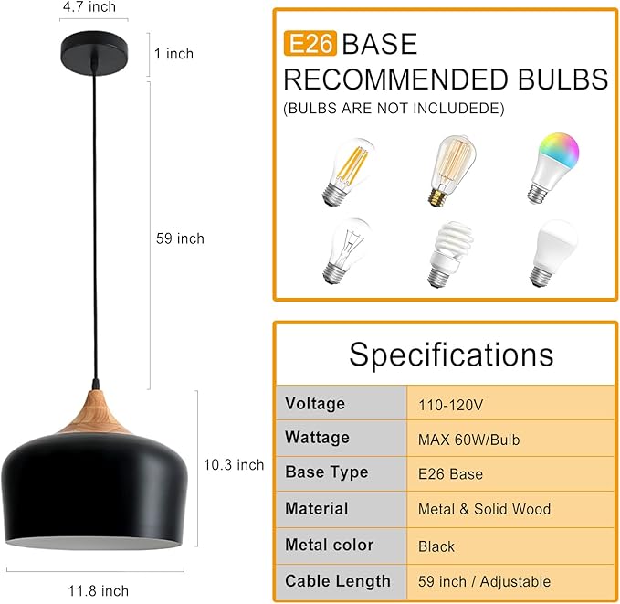 11.8 inch Black Industrial Pendant Light, Adjustable Wood Ceiling Hanging Lighting with Dome Metal Shade,Farmhouse Minimalist Lamp for Kitchen Island,Dining Room,Bar, Bedroom,Hallway