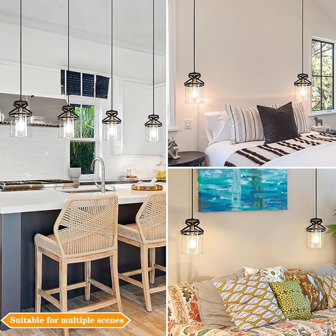 Black Kitchen Pendant Lighting over Island, Modern Glass Pendant Lighting, Hanging Lights for Living Room Set of 2, Pendant Lights Kitchen Island 2 Pack, Pendant Lamp for Dining Room, Hallway, Sink