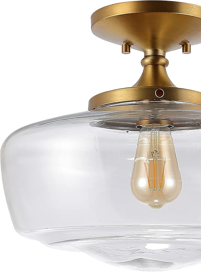JONATHAN Y 14" Brass Gold Modern Farmhouse LED Flush Mount Light Fixture, Clear Glass Shade, Rustic Industrial Schoolhouse Lamp for Kitchen Hallway Bedroom (JYL7517B)
