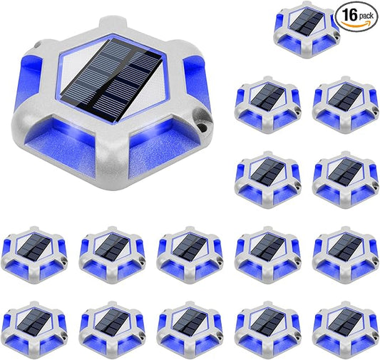 VOLISUN Solar Dock Lights, 16-Pack Waterproof Outdoor LED Aluminum Dock Lighting Warning Step Lights for Driveway (Blue+White, 2 Colors in 1), Auto On/Off