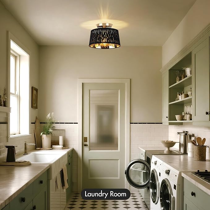 Modern Ceiling Light Fixture 2 Pack, 10 Inch Semi Flush Mount Lamp with Black Cut-Out Linen Shade, E26 Base, Gold for Kitchen Bedroom Hallway Closet Entryway Room Small Spaces