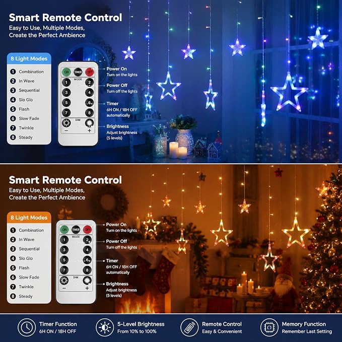 Vigdur Star Curtain String Lights, 12 Stars 138 LEDs Star Window Lights with Remote & 8 Flashing Modes Christmas String Lights for Christmas Wedding Party Home Decorations(8.2FT)