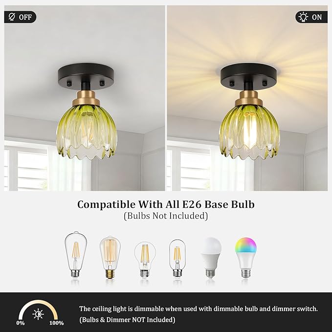 TALOYA Semi Flush Mount Ceiling Light, Close to Ceiling Light Fixtures with Green Tulip Glass Shades Modern Farmhouse Lighting Fixtures for Hallway Corridor Kitchen Bathroom Bedroom Passway