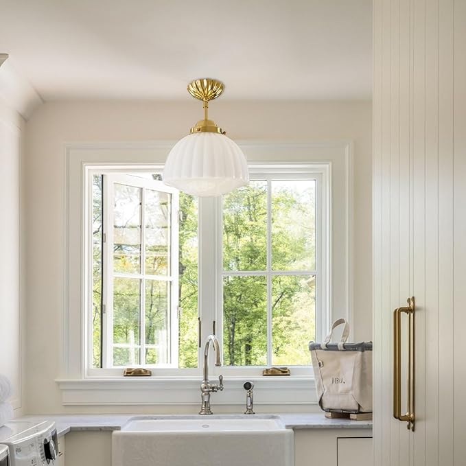 Milk Glass Pendant Light, 11" Brass Semi Flush Mount Pendant Light, Antique White Pleated Glass Chandelier, for Kitchen Island Lighting, Hallway, Bedroom, Dining Room, Foyer, E26 Bulb Included
