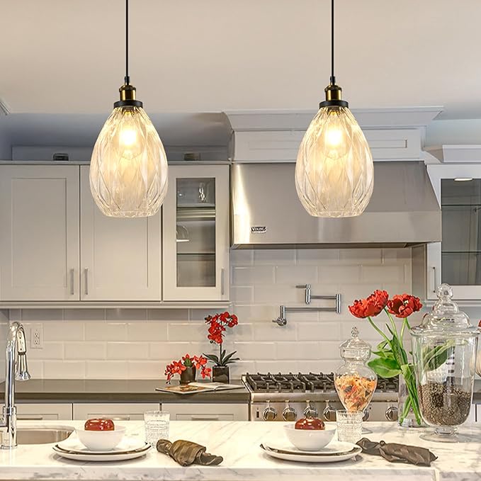 Glass Pendant Light Fixture Kitchen Island Modern Adjustable Chandelier Farmhouse Ceiling Hanging Light for Hallway Porch Kitchen Bedroom Coffee Shop Dining Room Island