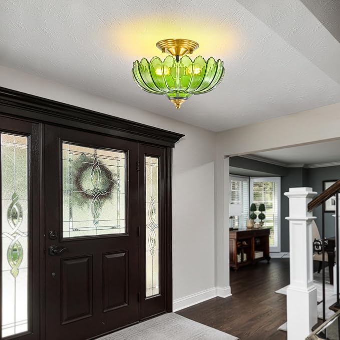Green Glass Ceiling Light Fixture - Handcrafted Art Glass Semi Flush Mount Chandelier, 3 E26 Bases with Natural Green Shade Lighting, Modern Farmhouse Decor for Kitchen Dining Hallway