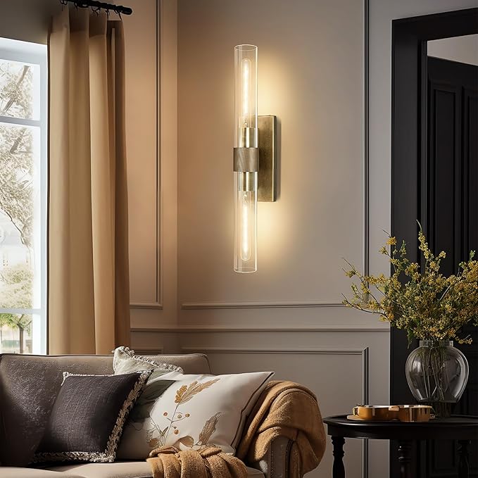 Brass Wall Sconces, Bathroom Wall Sconce, 22.8" Gold Wall Sconces, 2-Light Dimmable Wall Sconce, Sconces Wall Lighting with Glass, Vanity Light Tube Sconce for Bedroom Living Room, Hallway
