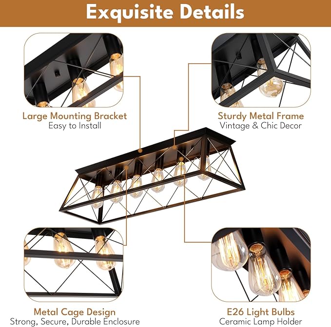 38” Large Black Flush Mount Ceiling Light Fixture, 6-Light Vintage Industrial Cage Chandelier for Dining Room, Kitchen Island, Living Room, Hallway, Dimmable Semi Flush Mount Close to Ceiling Lighting