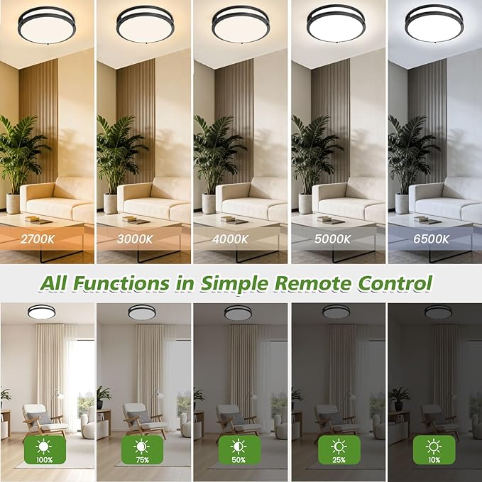 2-Pack Black Flush Mount LED Ceiling Light Fixture with Remote: 13Inch 36W Dimmable Modern LED Ceiling Lights, 2700K-6500K Adjustable 3600lm Super Bright Kitchen Lighting for Bathroom Hallway Bedroom